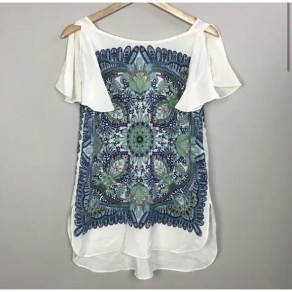 Anthropologie Maeve White 100% Silk Split Sleeve Mandala Print Blouse Top Sz M - Picture 1 of 11